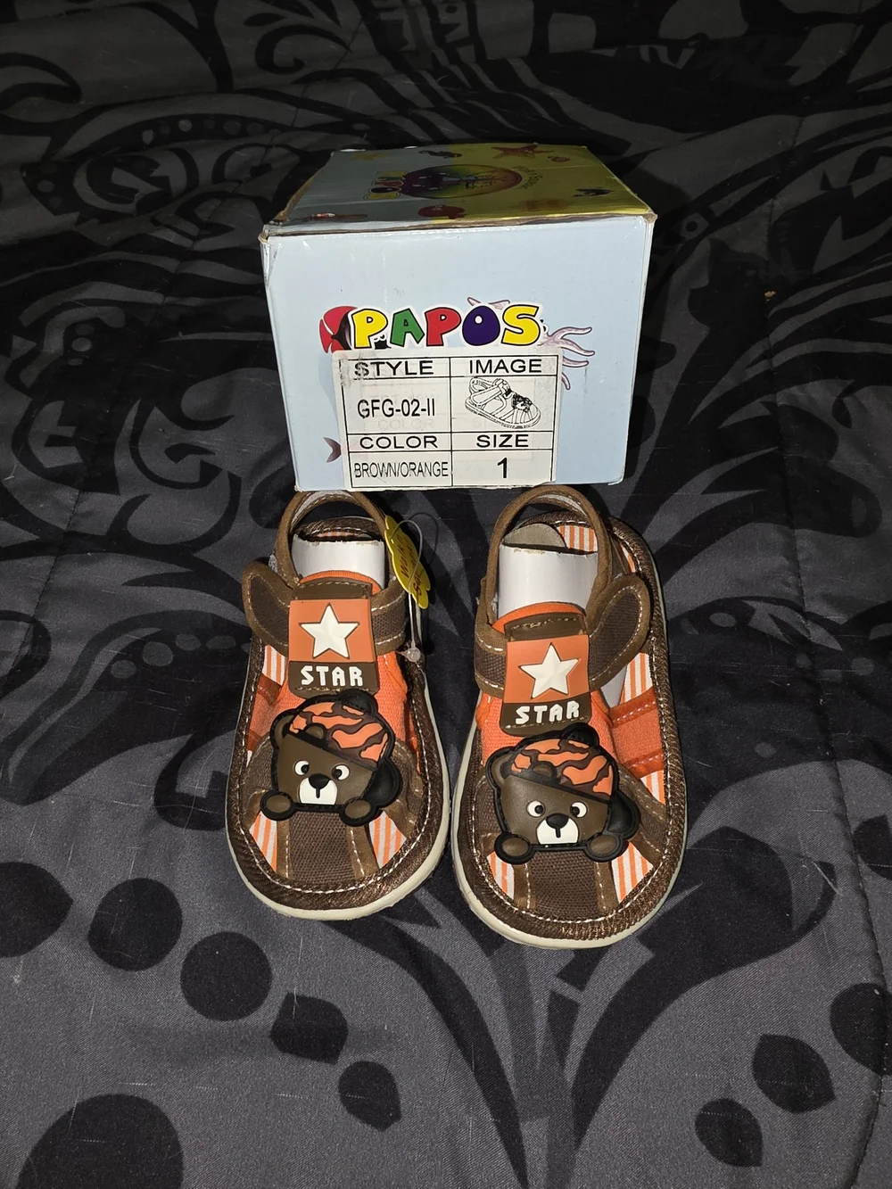 Brown & Orange Baby Walker Shoes with Bear Accent